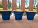 Mooi set van 3 azuur blauwgeglazuurde bloempotten, Ophalen, Tuin, Rond, Aardewerk