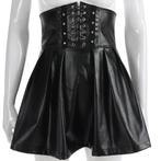 Zwarte kunstleren korset rok high waist plooirok dames rokje, Verzenden, Nieuw, Zwart, Boven de knie