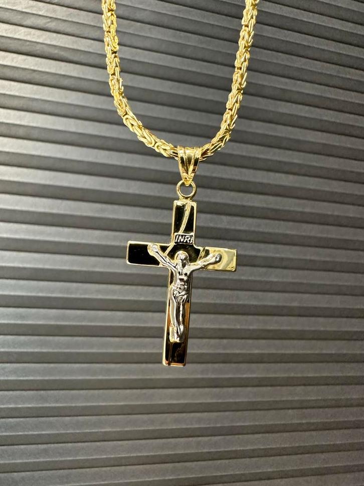 14k Gouden Koningsketting met Kruis, Sieraden, Tassen en Uiterlijk, Kettingen, Zo goed als nieuw, Goud, Met hanger, Ophalen of Verzenden