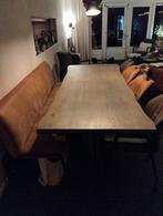 Grote eikenhouten boomstamtafel 240x100 cm met bank., Ophalen