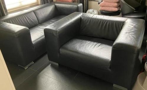 Leren kubusbank bank & loveseat zwart 2-delig, Huis en Inrichting, Banken | Complete zithoeken, Zo goed als nieuw, Leer, Ophalen of Verzenden
