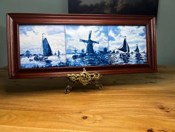 Delfts Blauw Tegeltableau met Molen en Zeilschepen beschikbaar voor biedingen