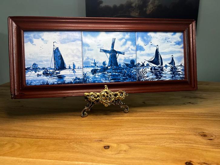 Delfts Blauw Tegeltableau met Molen en Zeilschepen, Antiek en Kunst, Antiek | Wandborden en Tegels, Ophalen of Verzenden