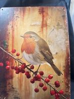 Metalen bord Roodborstje op Bessen Tak, Ophalen of Verzenden, Nieuw