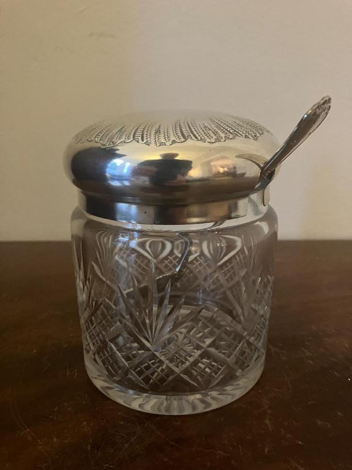 Antieke jampot met lepel verzilverd, Antiek en Kunst, Antiek | Glas en Kristal, Verzenden