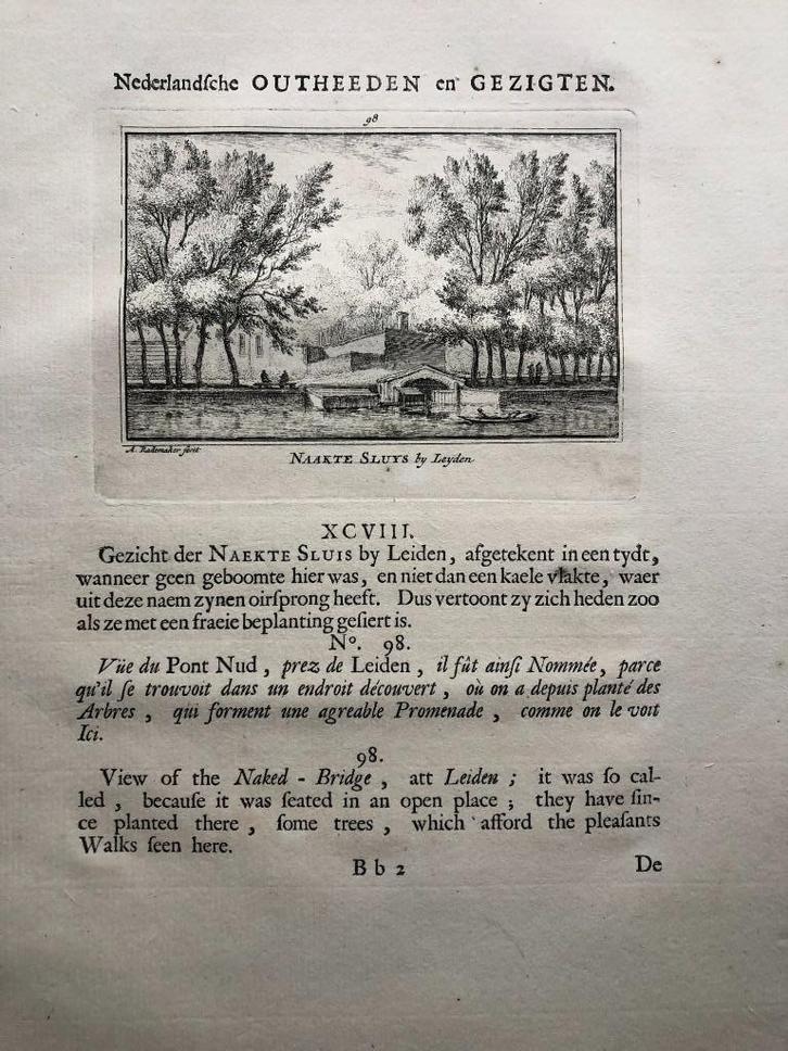 098 / Leiden de Naakte Sluis Kopergravure 1731, Antiek en Kunst, Kunst | Etsen en Gravures, Ophalen of Verzenden