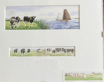 Drie kleine aquarellen van koeien beschikbaar voor biedingen