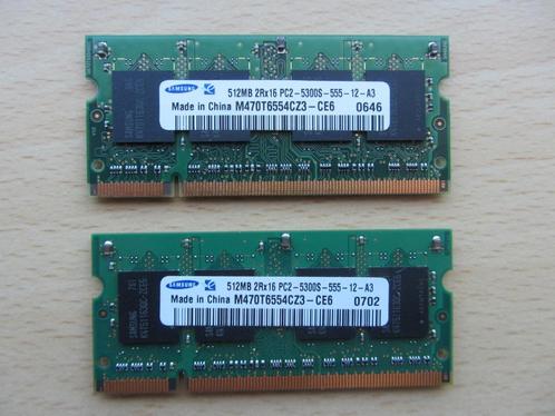 2x Samsung 512MB PC2-5300 DDR2-667MHz non-ECC Unbuffered CL5, Computers en Software, RAM geheugen, Zo goed als nieuw, Laptop, 1 GB of minder