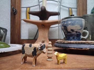 nostalgische oude houten erzgebirge koe, schaapje & boompje beschikbaar voor biedingen