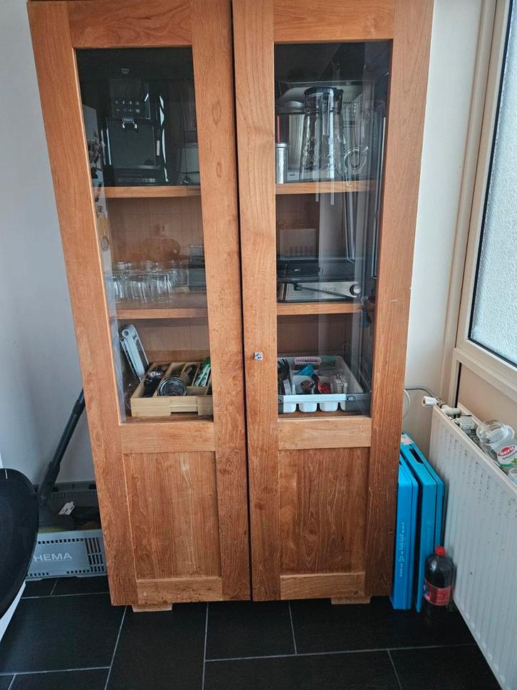 Houten kast met glazen deuren, Huis en Inrichting, Kasten | Dressoirs, Gebruikt, 25 tot 50 cm, Glas, Ophalen of Verzenden