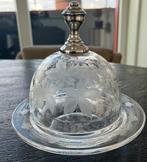 Prachtige antieke boterstolp met zilveren dop en onderbord, Antiek en Kunst, Verzenden