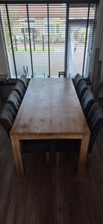 Massief Houten Eettafel + 8 Stoelen van het merk Woood, Huis en Inrichting, Ophalen, Gebruikt, 100 tot 150 cm, 200 cm of meer
