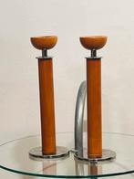 Houten kandelaar met chromen afwerking, SKS 21 cm, vintage, Huis en Inrichting, Woonaccessoires | Kandelaars en Kaarsen, Ophalen of Verzenden