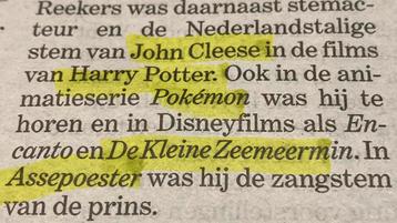 Edward reekers was stem van john clees (lp) in harry potter beschikbaar voor biedingen