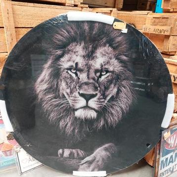 Glas schilderij zwart wit leeuw, 80 cm doorsnede beschikbaar voor biedingen