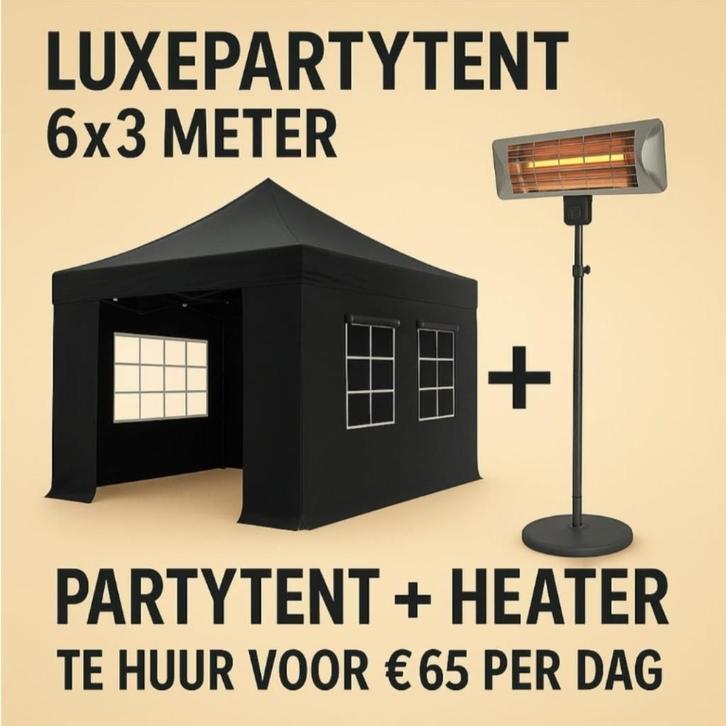 Te huur: easy up Luxe Zwarte Partytent +heater  3x6m, Tuin en Terras, Partytenten, Nieuw, Partytent, 2 meter of meer, 5 tot 8 meter