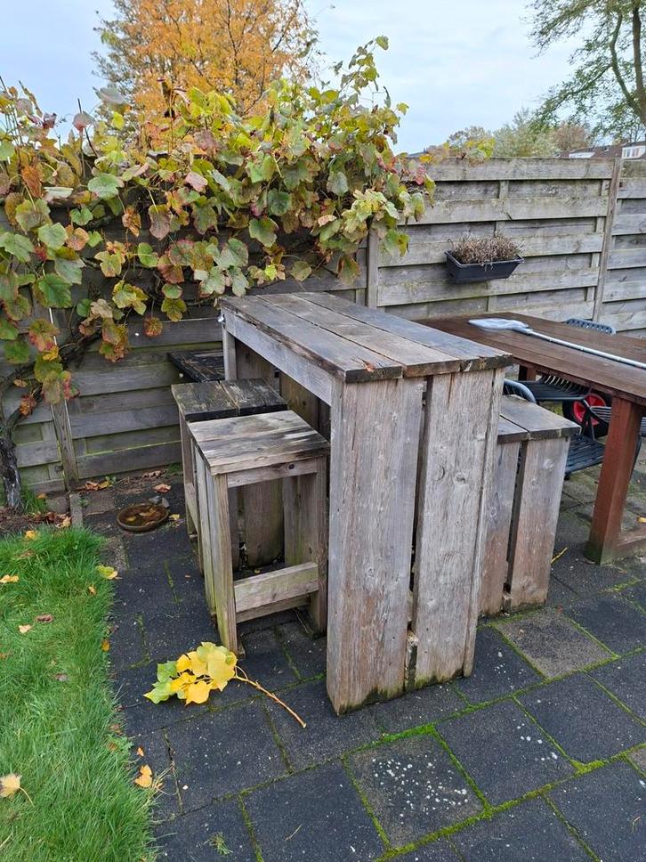 Houten statafel met krukken voor buiten, Tuin en Terras, Tuintafels, Gebruikt, Rechthoekig, Hout, Ophalen of Verzenden
