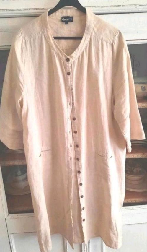 Zandkleurige 100% linnen doorknoopjurk/blouse/jas XXL 44-46, Kleding | Dames, Jurken, Zo goed als nieuw, Maat 42/44 (L), Beige