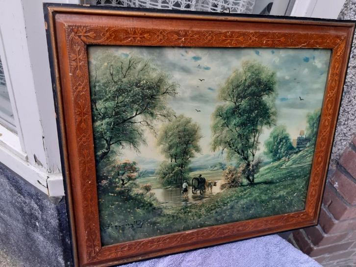 Schilderij, Aquarel, landschap, Dirk Verheul, Koe als trekke, Antiek en Kunst, Kunst | Schilderijen | Klassiek, Ophalen