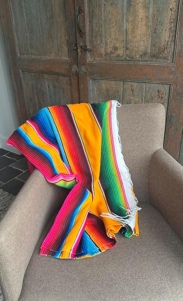 Authentieke Mexicaanse Falsa-deken – oker & meerkleurig, Huis en Inrichting, Woonaccessoires | Plaids en Woondekens, Gebruikt