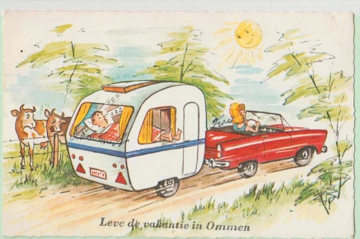 Fantasiekaart Leven de vakantie in Ommen auto met Caravan, Verzamelen, Ansichtkaarten | Nederland, Gelopen, Overijssel, 1960 tot 1980