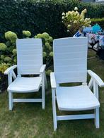 2 Tuinstoelen + 3 kussens, Ophalen, Gebruikt, Kunststof, Inklapbaar