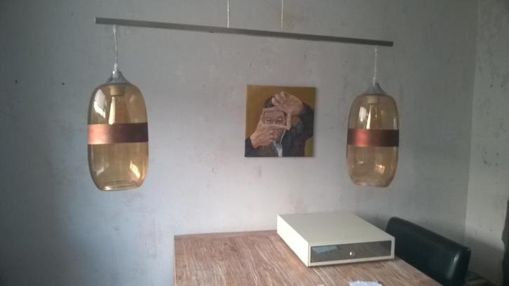 3 retro design hanglampen PTMD, Huis en Inrichting, Lampen | Hanglampen, Zo goed als nieuw, Minder dan 50 cm, Glas, Metaal, Ophalen