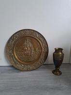 Antiek Koperen Bord met Schip wandbord en koperen vaas, Antiek en Kunst, Antiek | Koper en Brons, Ophalen of Verzenden, Koper