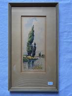Aquarel - Rivier in berglandschap met populieren, Antiek en Kunst, Kunst | Schilderijen | Klassiek, Ophalen of Verzenden