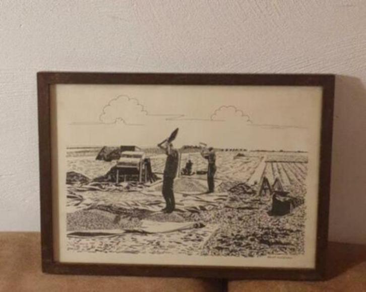 Prent pentekening landarbeiders veld Jaap Kooiman dorsen, Antiek en Kunst, Kunst | Litho's en Zeefdrukken, Ophalen