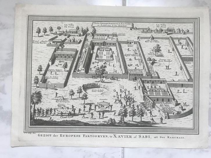 Gezigt Europese Faktooryen, te Xavier of Sabi, 1747, mooi!, Antiek en Kunst, Kunst | Etsen en Gravures, Ophalen of Verzenden