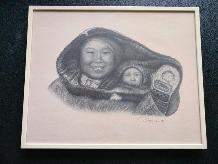 Litho Lorenzo Fracchetti Eskimo Inuit Moeder met kind 1974, Antiek en Kunst, Kunst | Litho's en Zeefdrukken, Ophalen of Verzenden