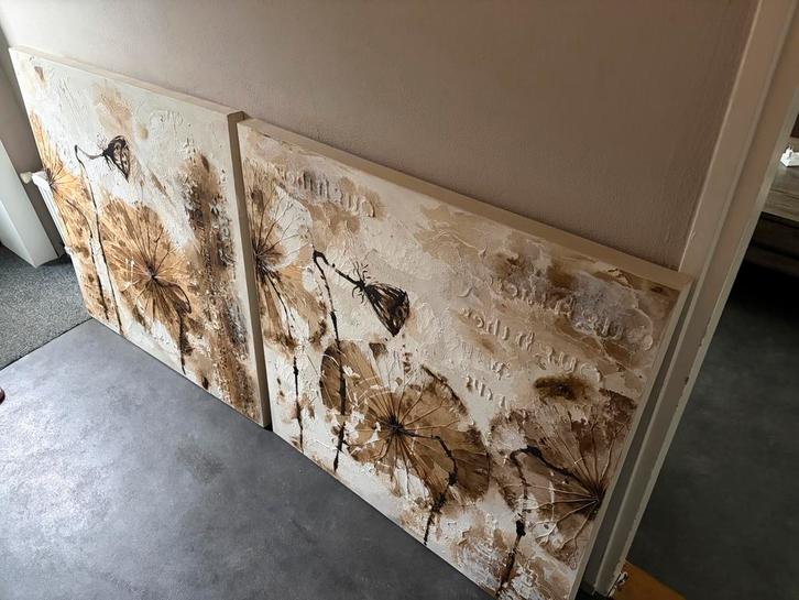 Twee abstracte schilderijen met bloemmotief, Antiek en Kunst, Kunst | Schilderijen | Klassiek, Ophalen of Verzenden