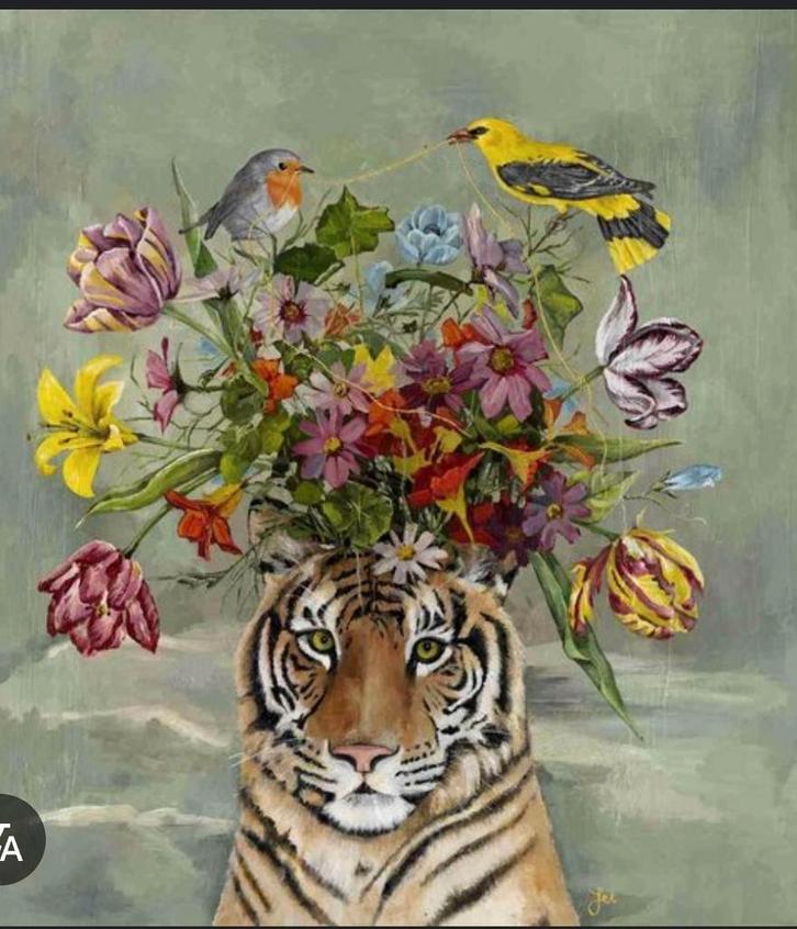 Jet Illustrates Canvas schilderij Bloementijger 100x+100cm, Huis en Inrichting, Woonaccessoires | Schilderijen, Tekeningen en Foto's