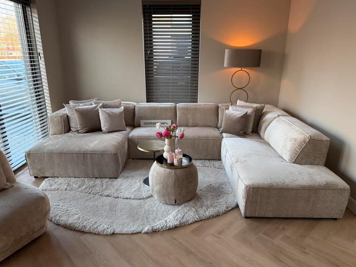 Luxe Velvet Teddy U-bank Marcel NIEUW 170x370x240cm Beige, Huis en Inrichting, Banken | Bankstellen, Nieuw, Hoekbank, Vierpersoons of meer
