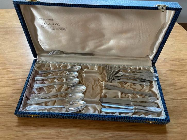 Vintage Kinderbestek Set in Doos - Dona Orfèvrerie België, Antiek en Kunst, Antiek | Bestek, Ophalen of Verzenden