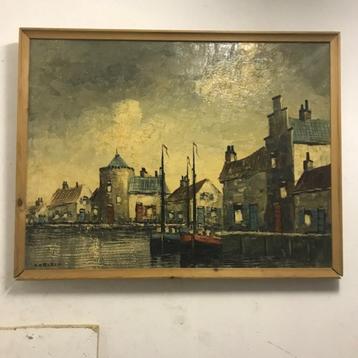 Schilderij 'Havengezicht, huisjes en boten'....waar ? beschikbaar voor biedingen
