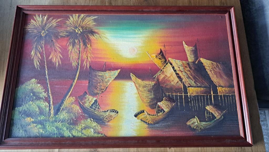 Balinees schilderij ingelijst door kunsthandel 80x50cm, Antiek en Kunst, Ophalen of Verzenden