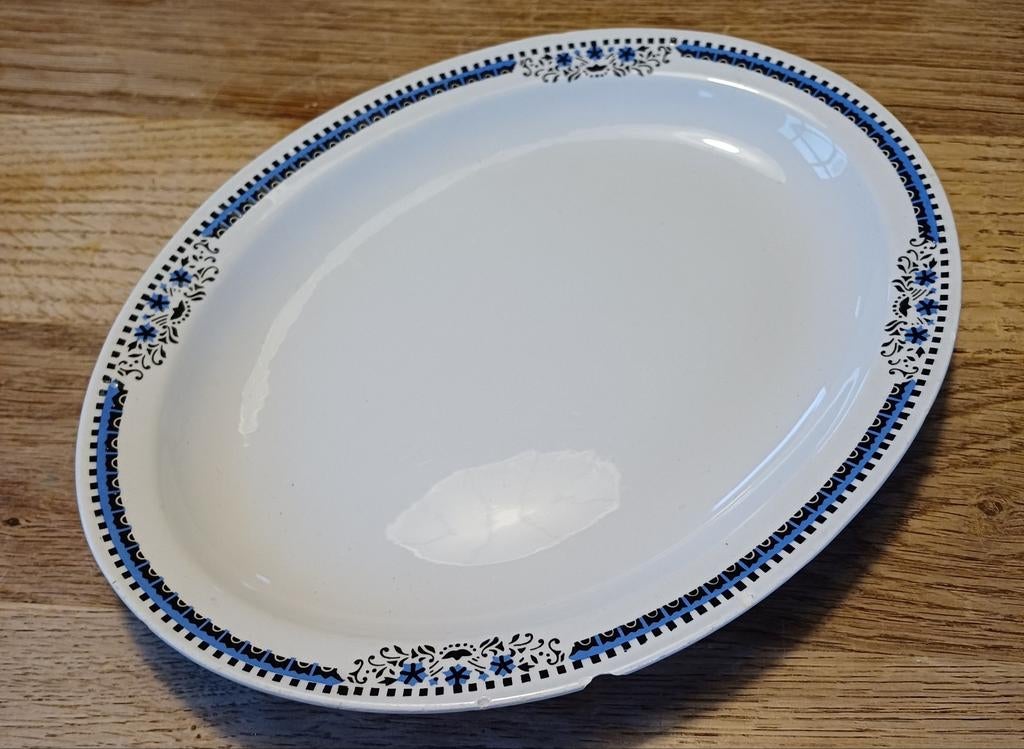Antiek ovale schaal met blauw en zwart patroon, Ophalen, Gebruikt, Schaal of Schalen, Overige stijlen