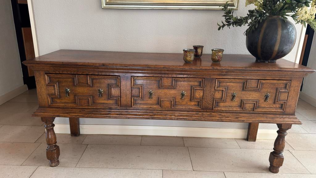 Antieke massief eikenhouten sidetable / wandtafel met lades, Ophalen