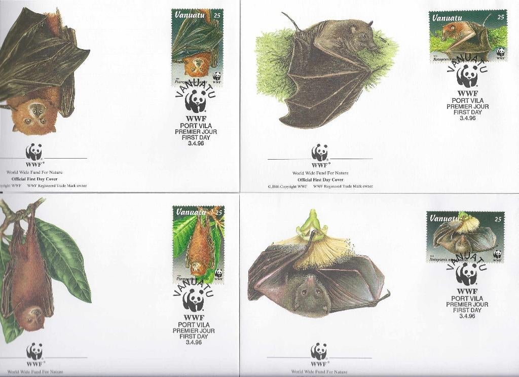 Vanuatu vleermuizen wwf wnf 4 fdc bedreigde diersoorten 1996, Ophalen of Verzenden, Postfris, Dier of Natuur