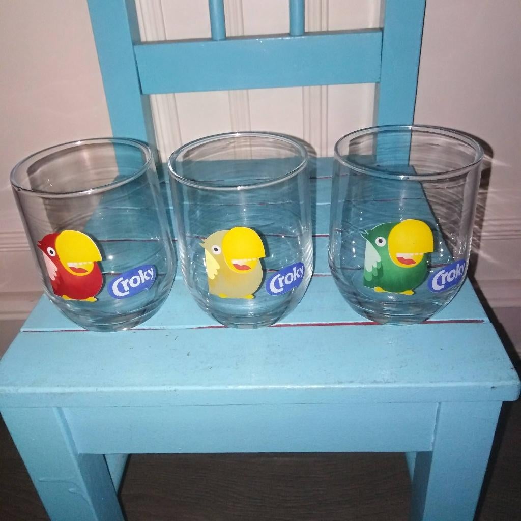 Croky frisdrank glazen 3 stuks: rood, geel en groen, Ophalen, Glas of Glazen, Gebruikt, Glas