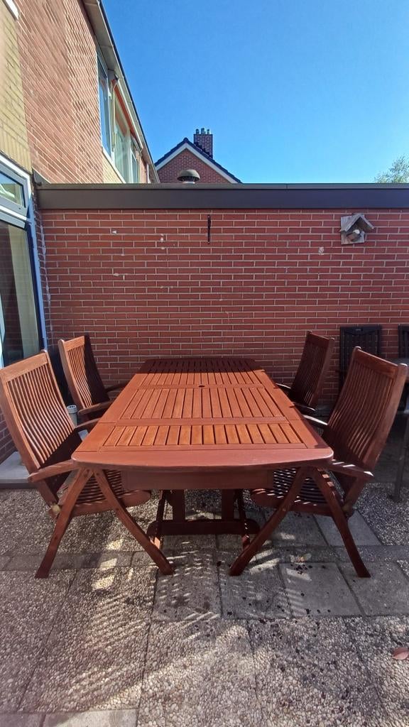 KINGS Teak houten tuinset met 4 verstelbare stoelen, Ophalen, 4 zitplaatsen, Teakhout, Zo goed als nieuw