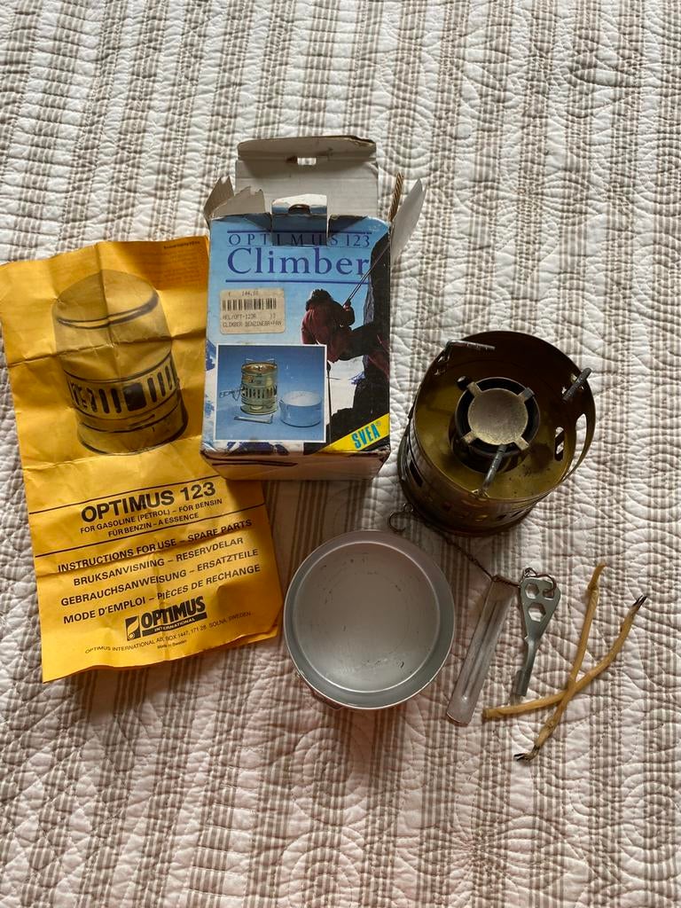 Optimus 123R Climber benzinebrander+pan, Caravans en Kamperen, Kampeeraccessoires, Ophalen of Verzenden, Gebruikt