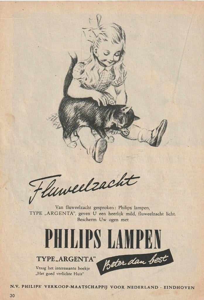 Retro reclame 1950 Philips lampen fluweelzacht licht, Verzamelen, Retro, Verzenden, Overige typen