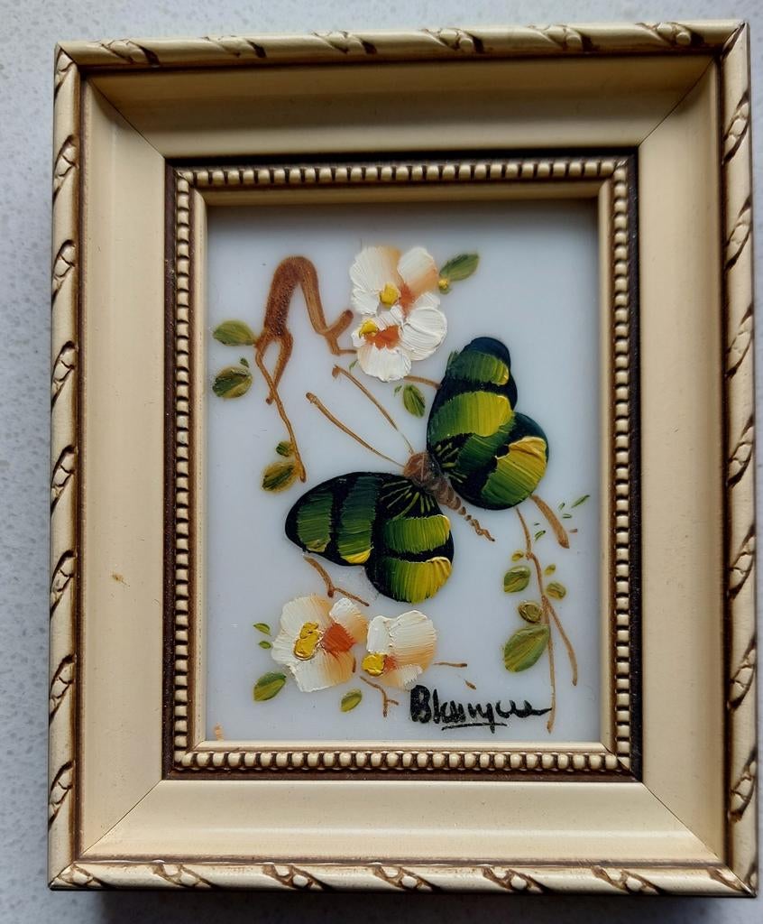 Schilderij vlinder en bloemen op glas, Ophalen of Verzenden