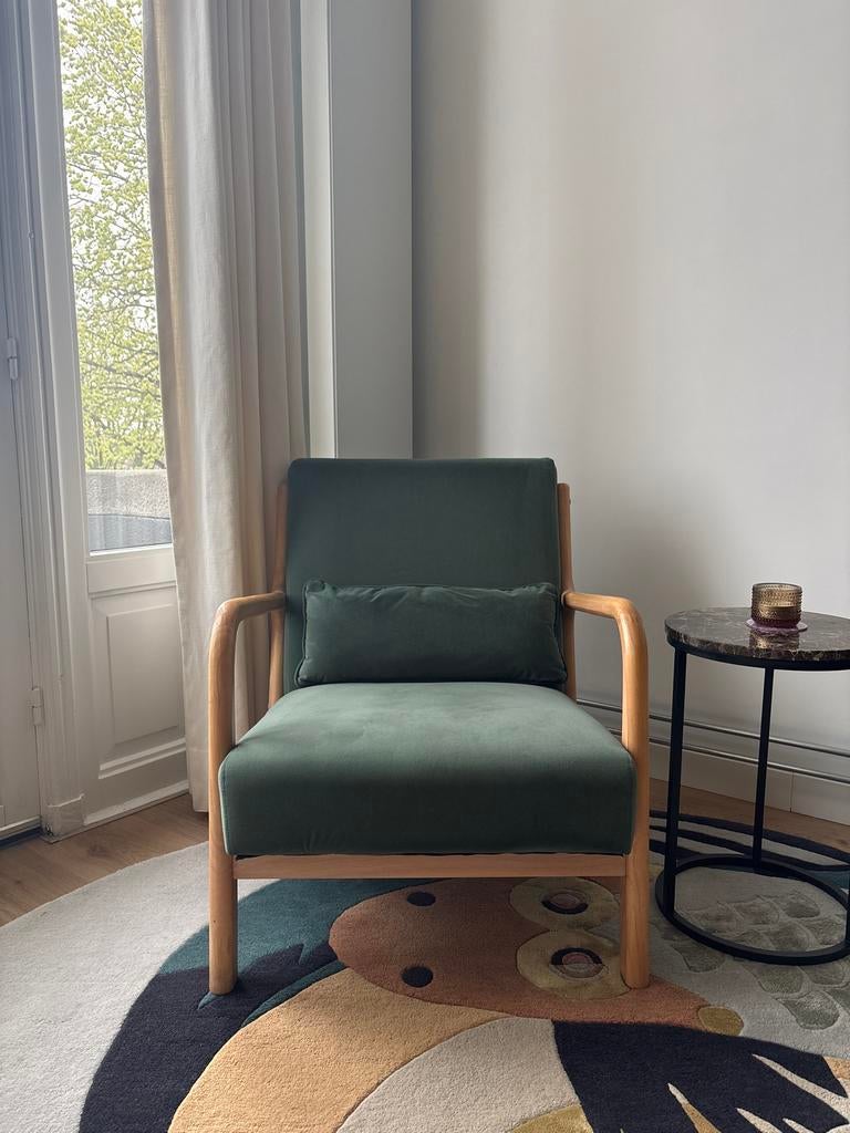 Woood Mark Fauteuil Fluweel - Groen, Ophalen, 75 tot 100 cm, Zo goed als nieuw, 50 tot 75 cm