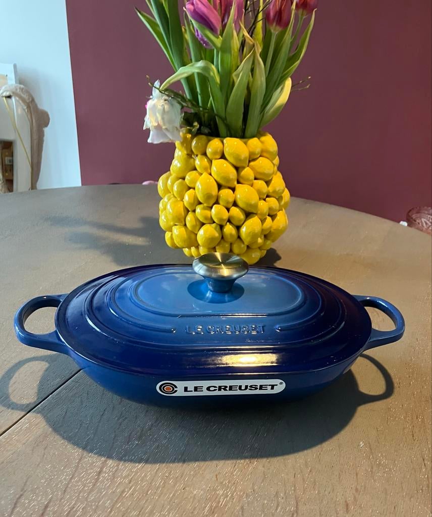 Le Creuset Ovale Braadpan - Blauw, Huis en Inrichting, Blauw, Ophalen of Verzenden, Zo goed als nieuw, Metaal