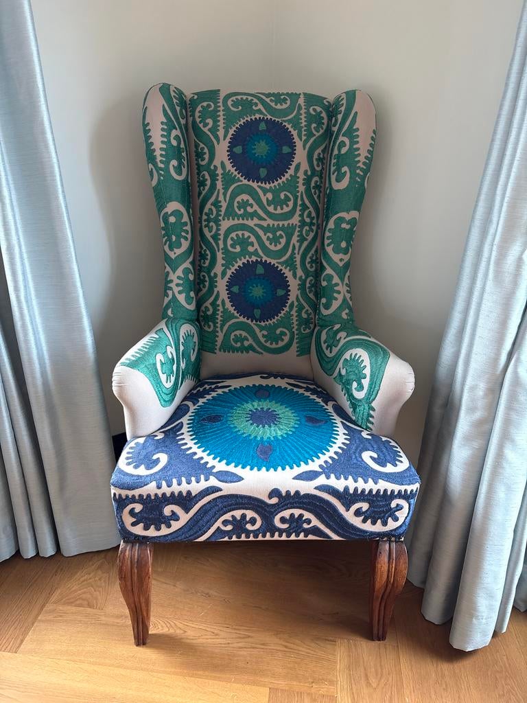 Unieke Suzani Fauteuil - Handgeborduurd Oosters Design, Ophalen of Verzenden, Zo goed als nieuw, Stof, 75 tot 100 cm