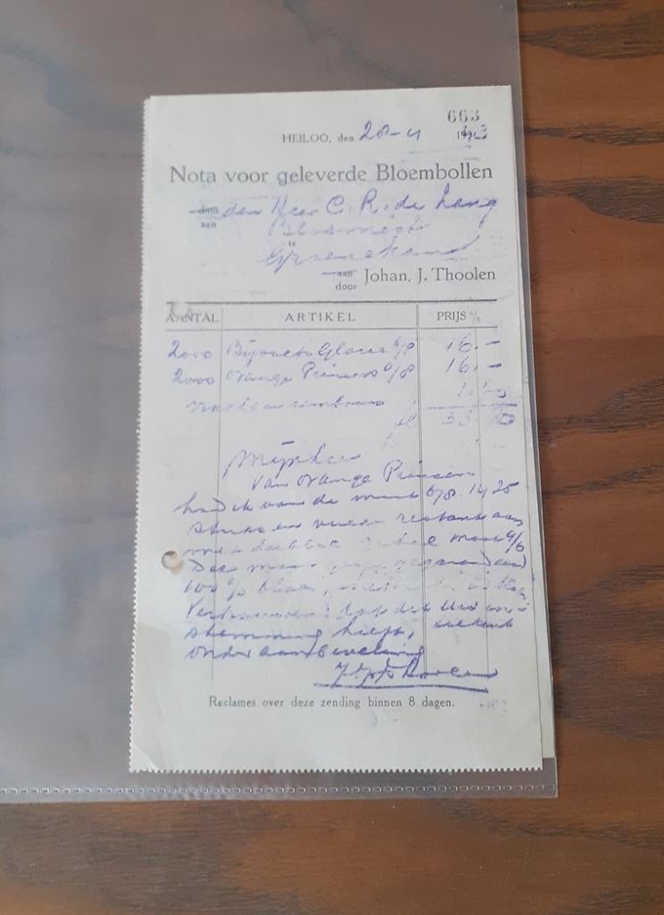 Heiloo Thoolen bloembollen factuur 1943, Verzamelen, Ophalen of Verzenden, Gebruikt, Overige typen